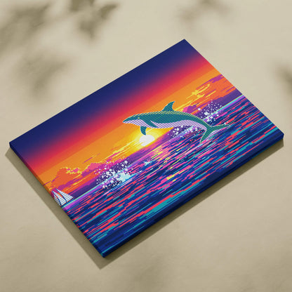 Retro neon dolphin jump over sunset ocean pixel art canvas wall art