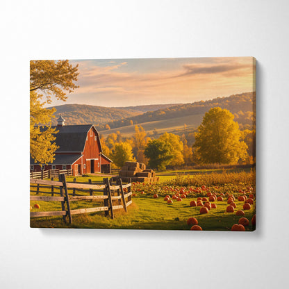 Rustic red barn with pumpkins, hay bales in golden autumn light