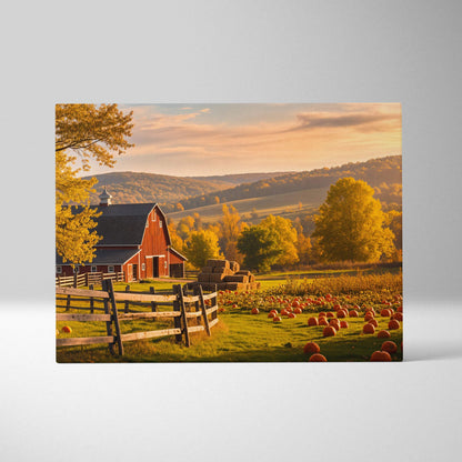 Rustic red barn in golden autumn light with pumpkins and hay bales