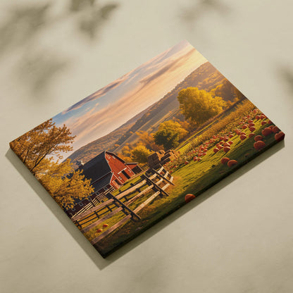 Rustic red barn in golden autumn light with pumpkins and hay bales canvas art