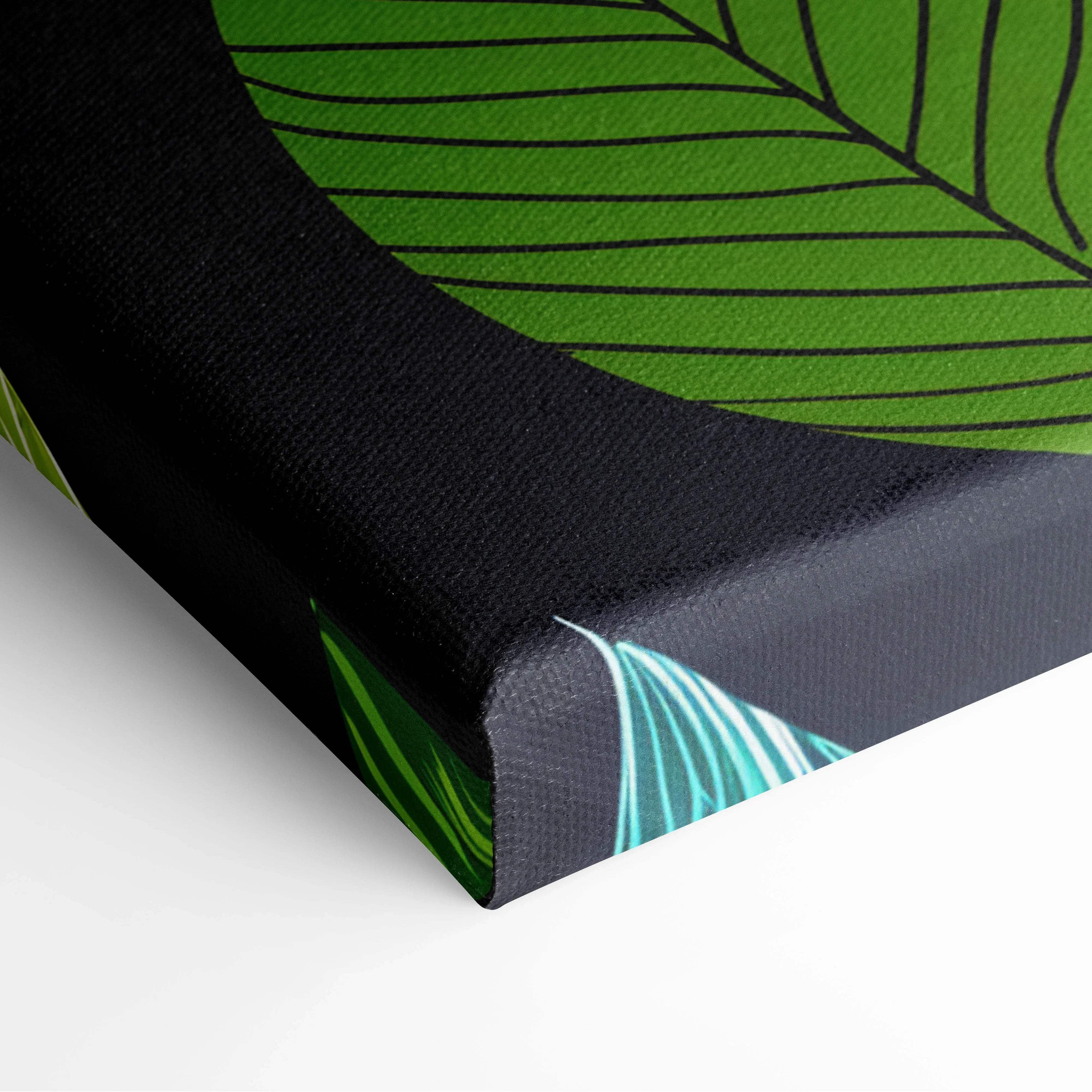 Black canvas print of stylized green leaves with teal accents on navy background