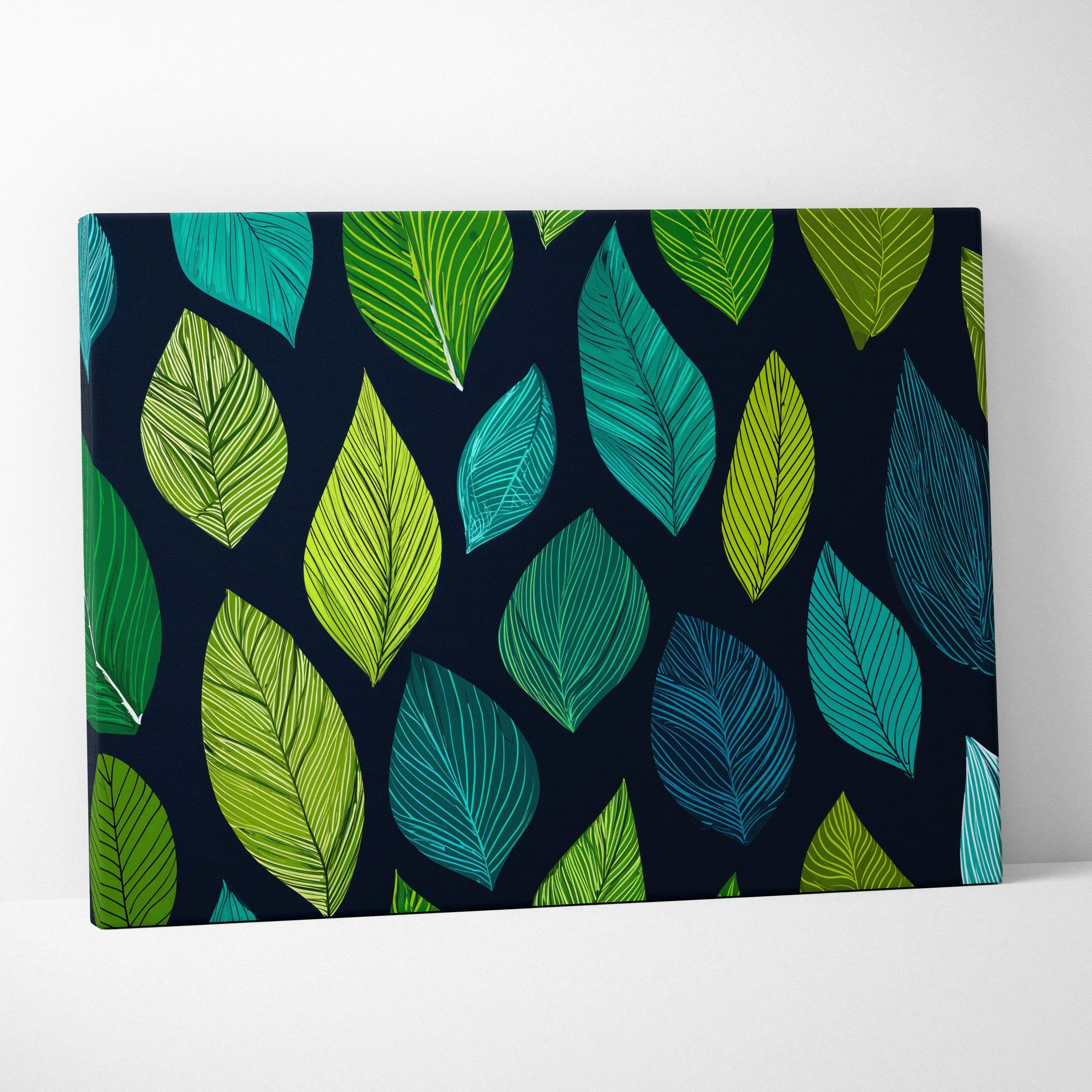 Stylized leaves canvas wall art with teal lime tones on navy background