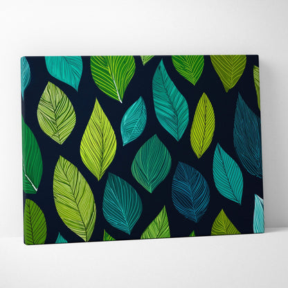 Stylized leaves canvas wall art with teal lime tones on navy background