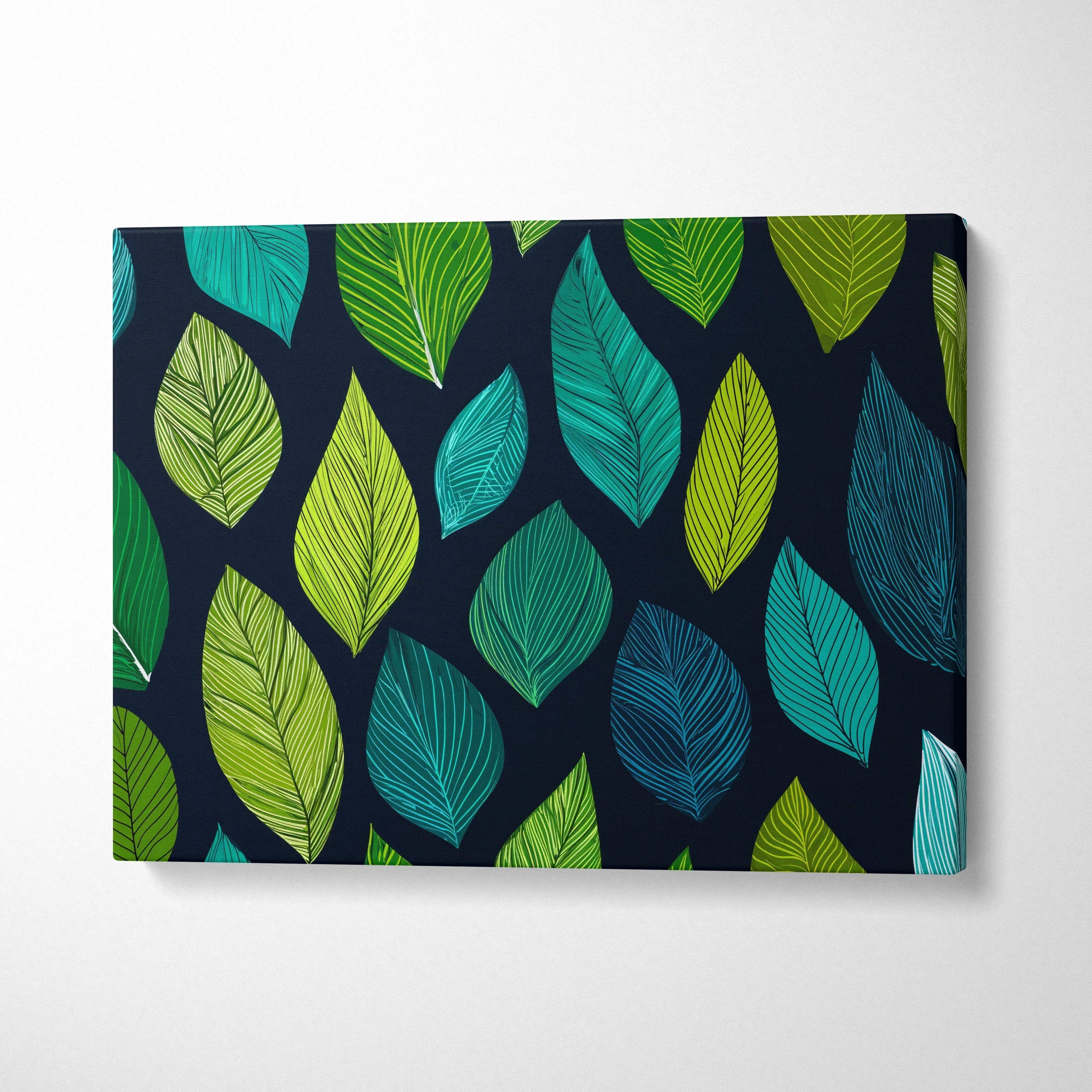 Stylized leaves canvas wall art in teal lime on navy background
