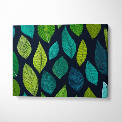 Stylized leaves canvas wall art in teal lime on navy background