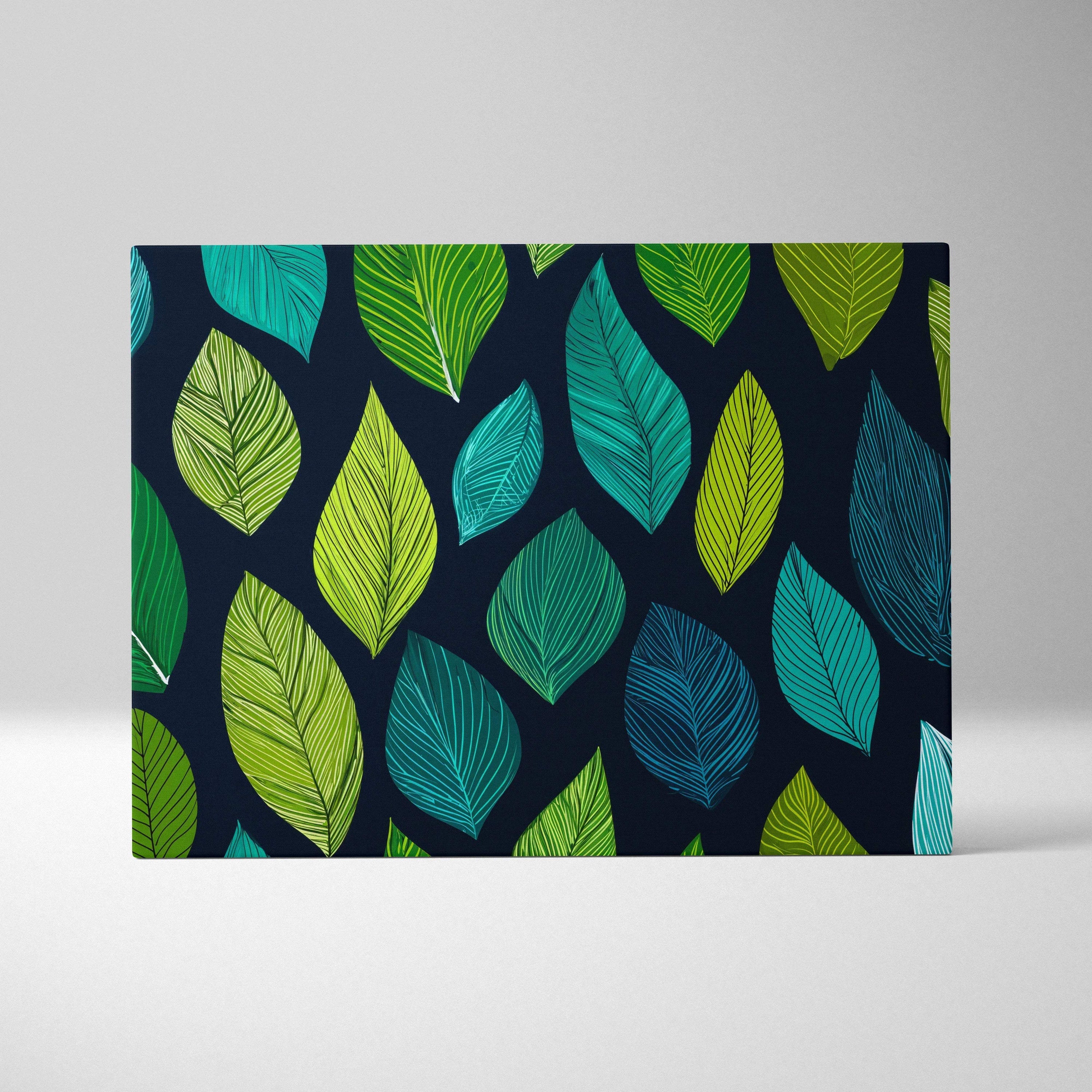 Stylized leaves canvas wall art in teal lime on navy background