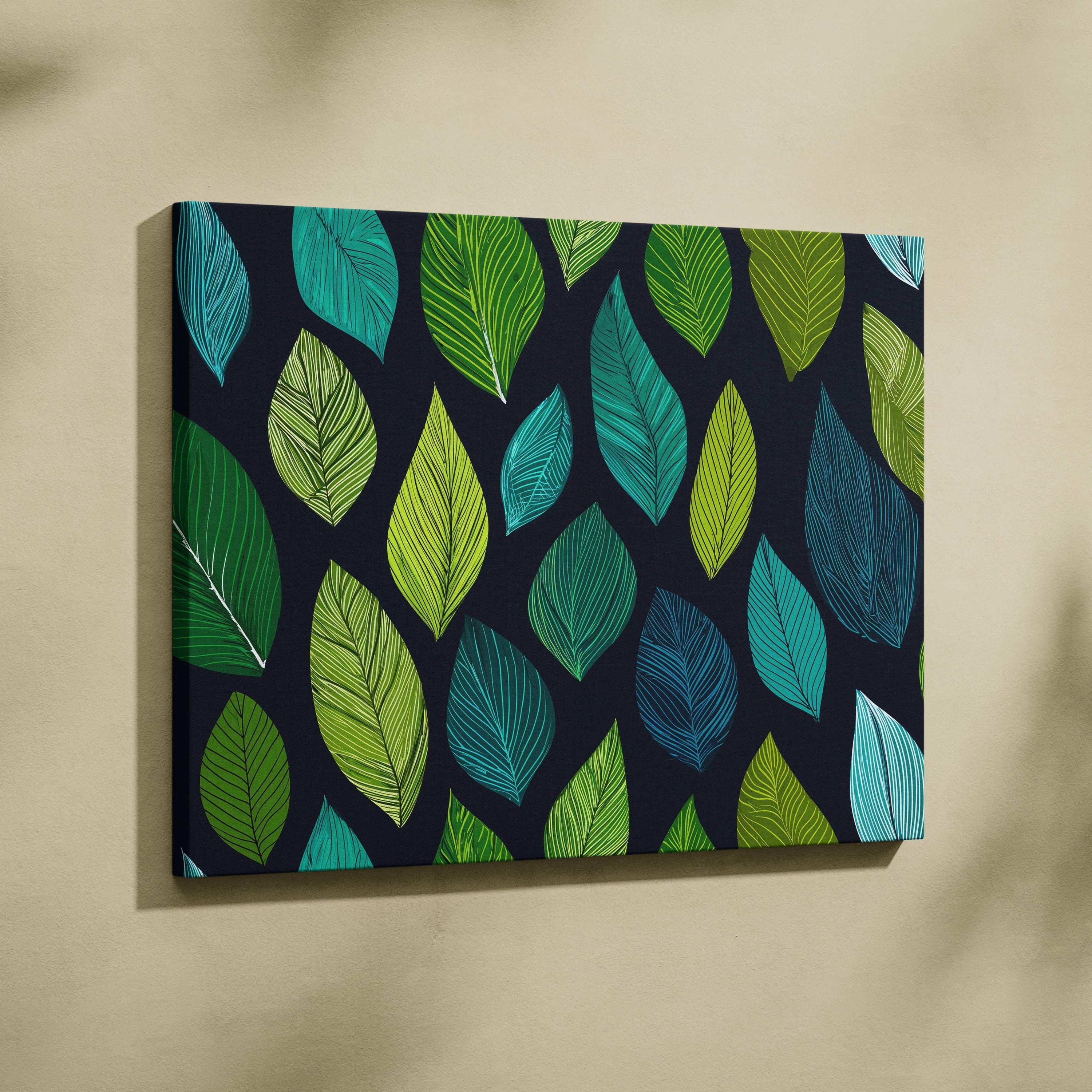 Stylized leaves canvas wall art in teal lime tones on navy background