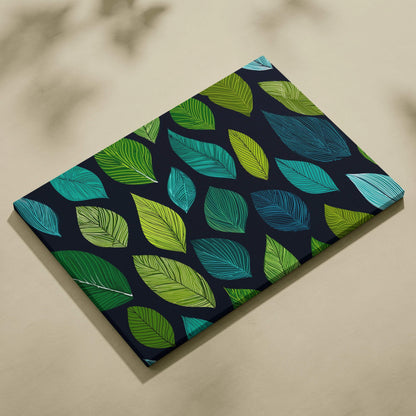 Stylized leaves canvas wall art in teal lime on navy background