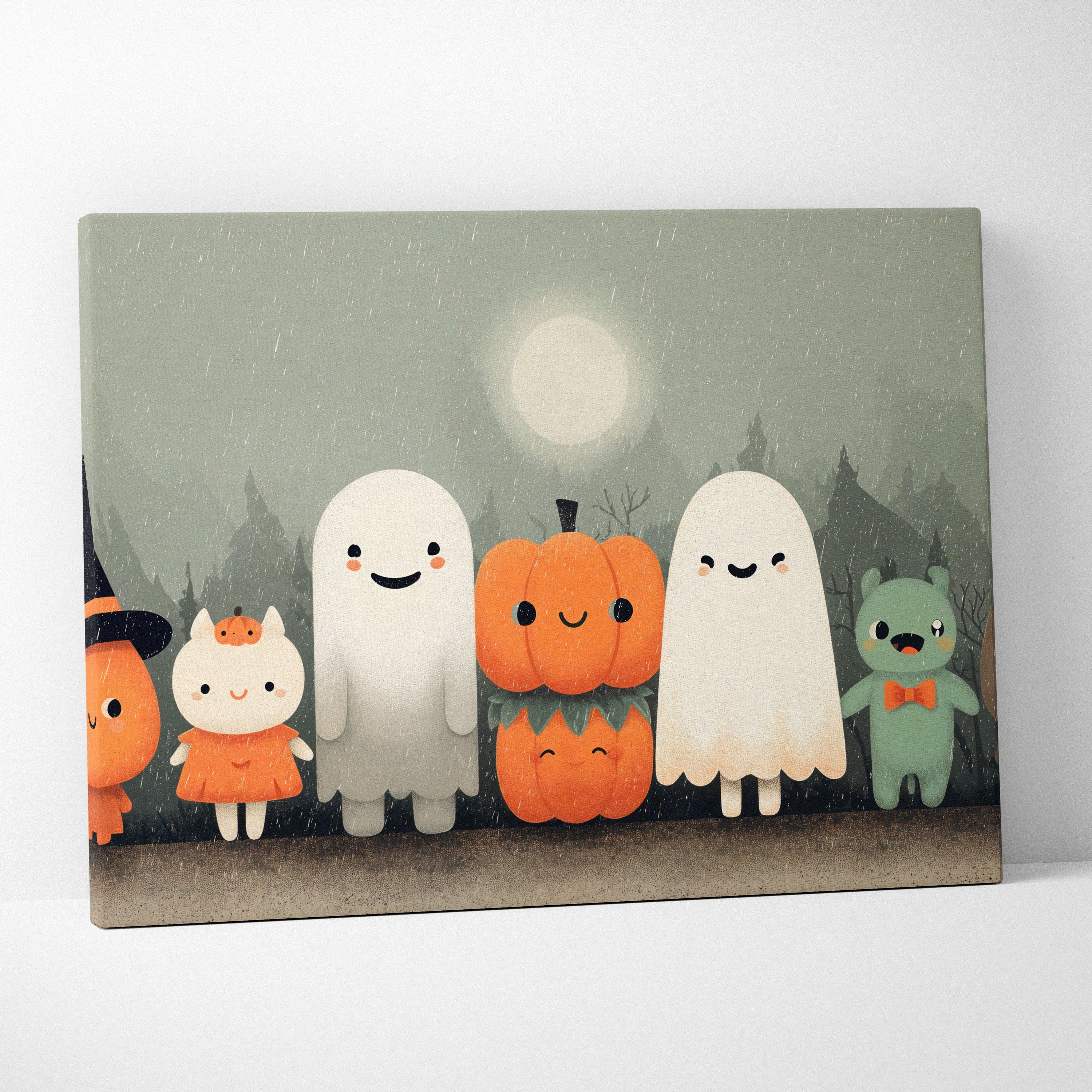 Whimsical Halloween ghosts pumpkins woodland friends moonlit mist canvas art