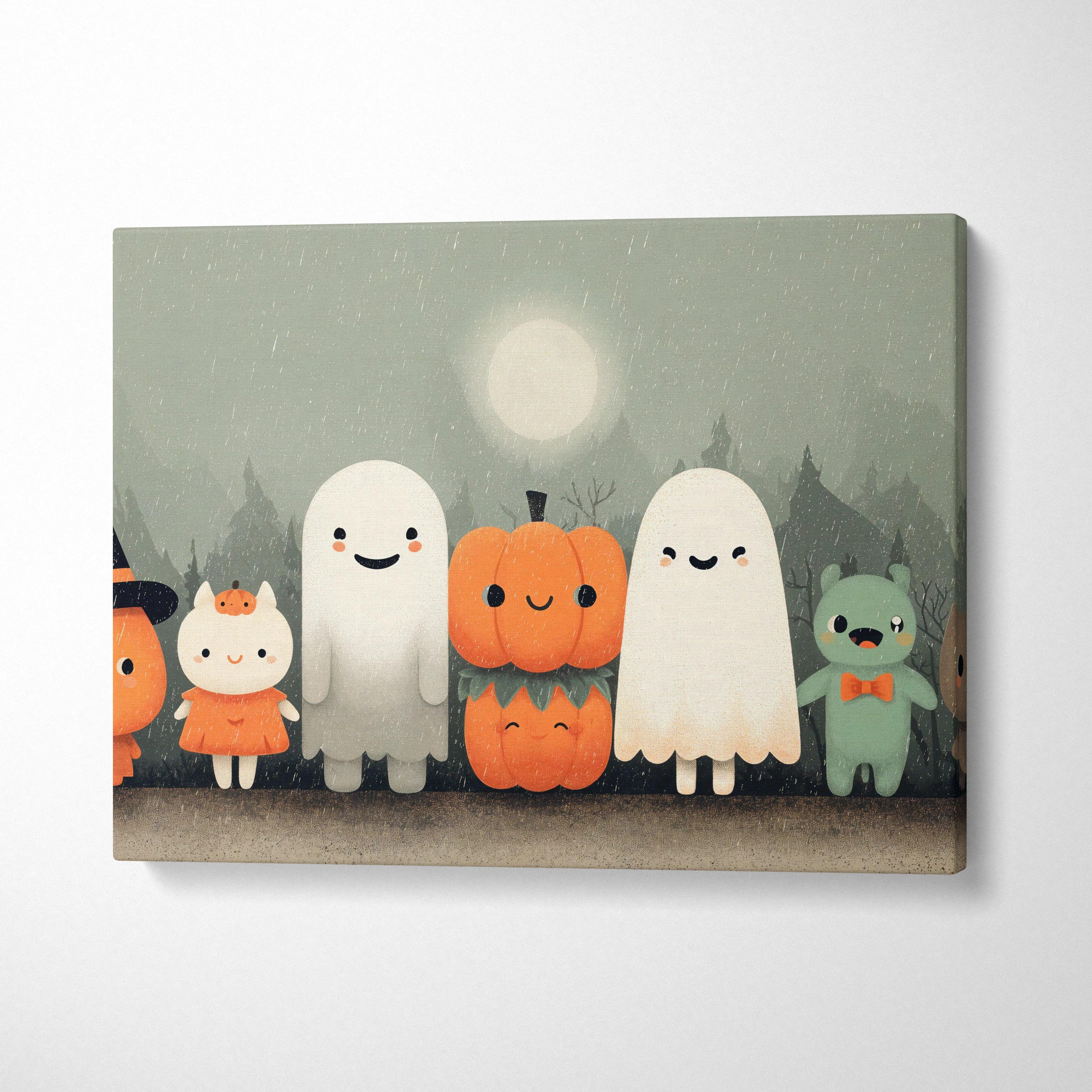 Whimsical Halloween ghosts pumpkins woodland friends moonlit mist canvas art
