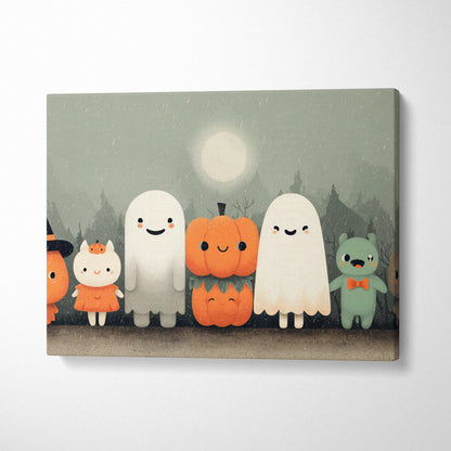 Whimsical Halloween ghosts pumpkins woodland friends moonlit mist canvas art