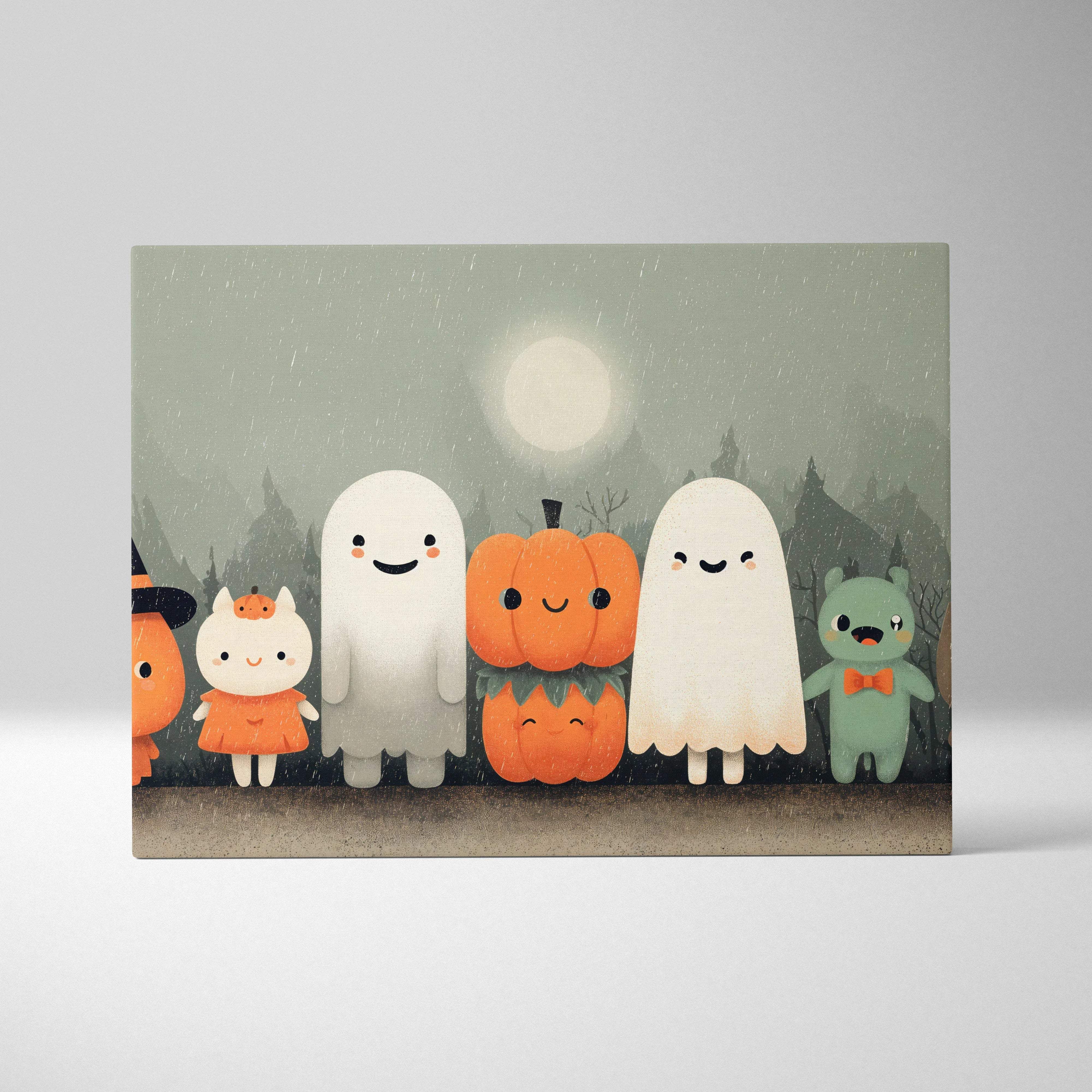 Whimsical Halloween ghosts pumpkins woodland friends moonlit mist canvas art