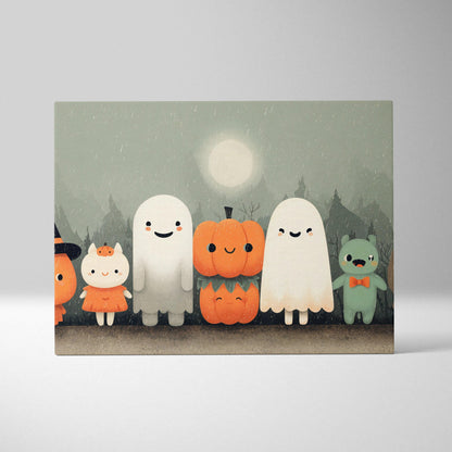 Whimsical Halloween ghosts pumpkins woodland friends moonlit mist canvas art