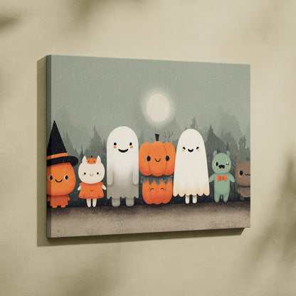 Whimsical Halloween ghosts pumpkins woodland friends moonlit mist canvas art