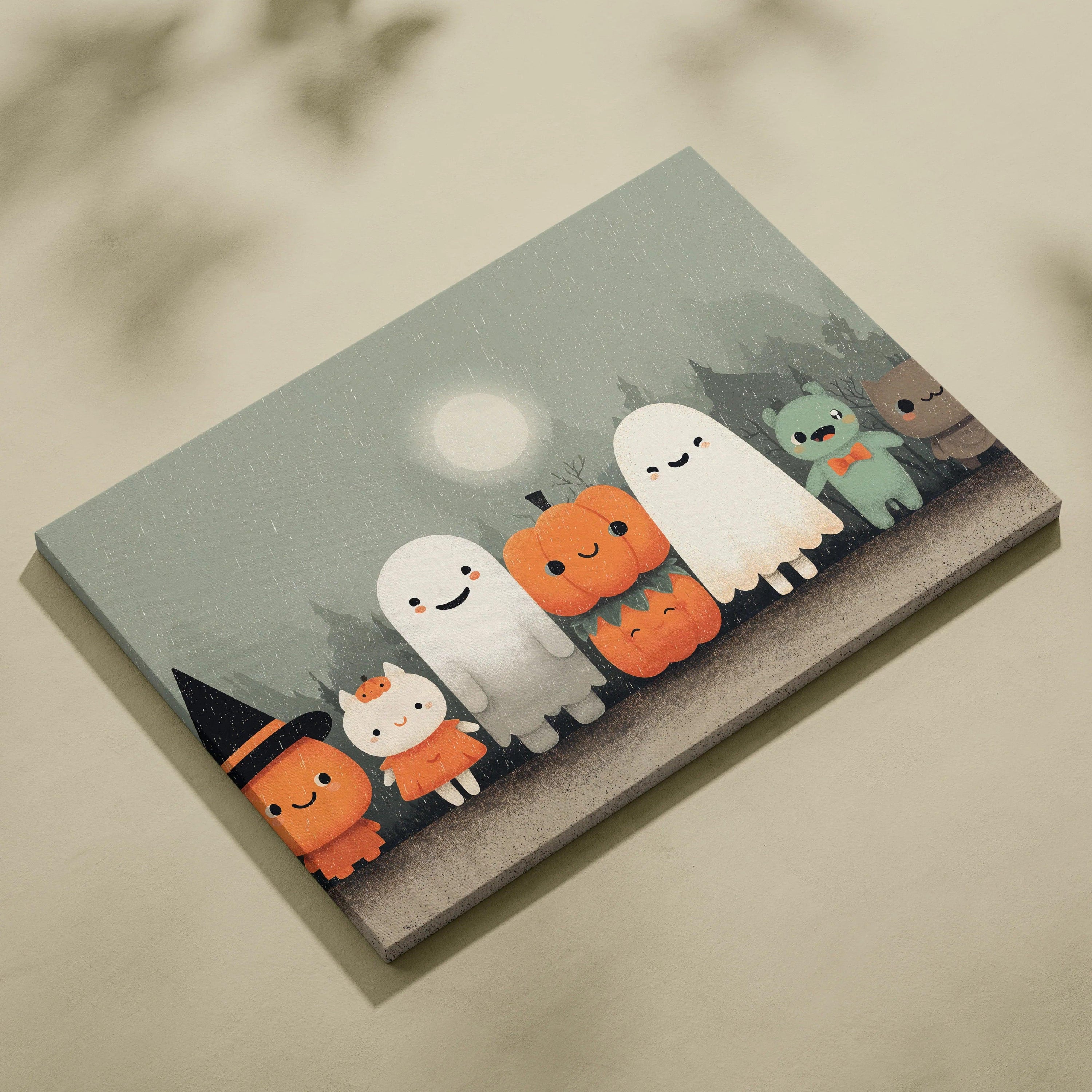 Whimsical Halloween ghosts pumpkins woodland friends moonlit mist canvas art