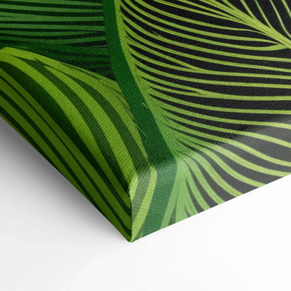 Bold stylized palm fronds in lime and forest green on black canvas art