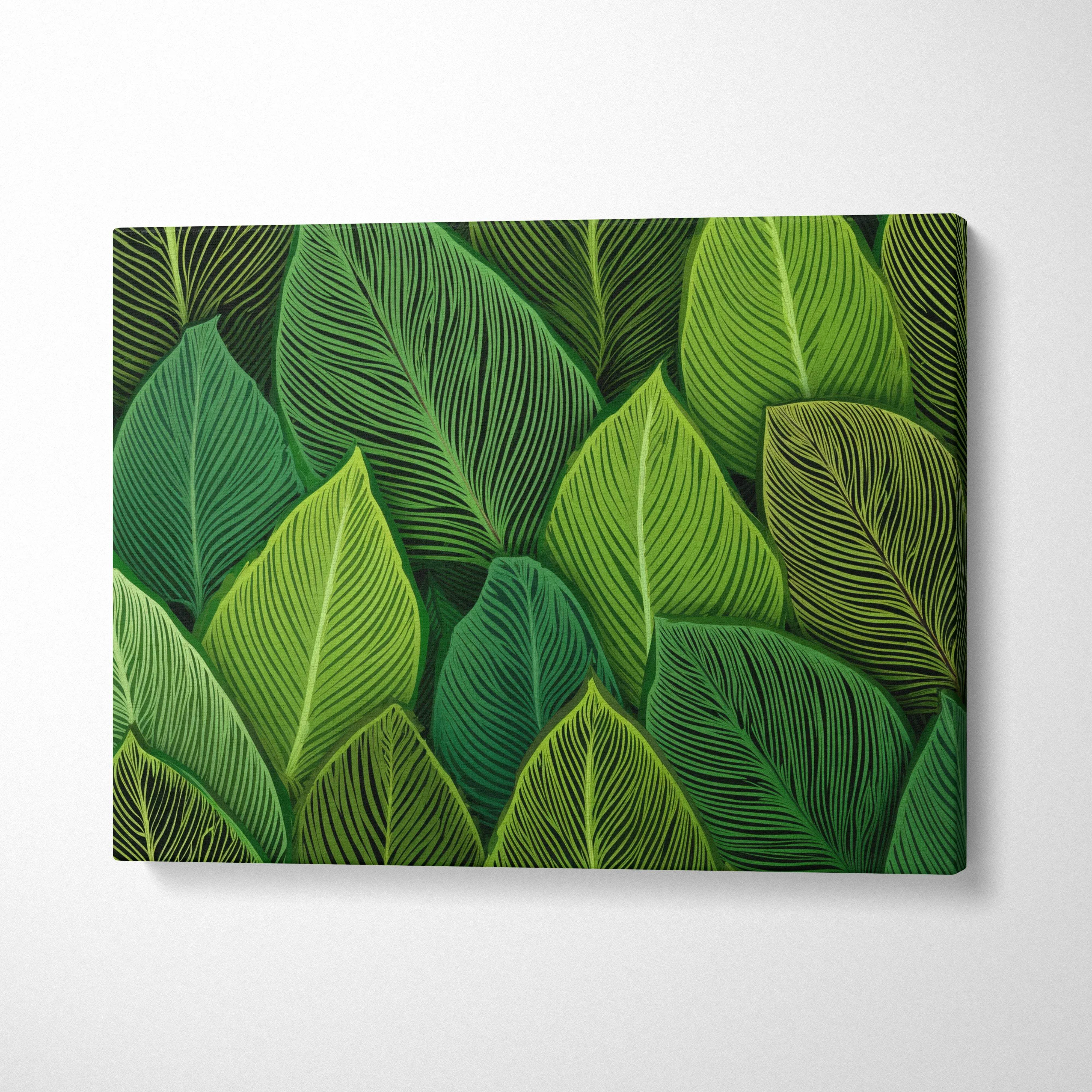 Botanical leaf pattern canvas wall art in lush green tones with layered leaves