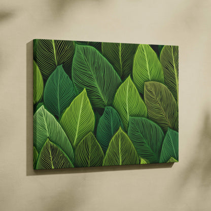 Botanical leaf pattern canvas wall art in lush green tones with layered leaves
