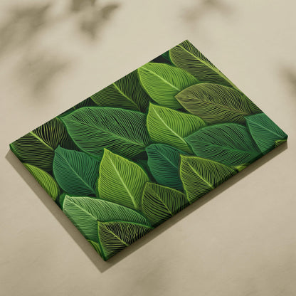 Botanical lush green leaf pattern canvas wall art with detailed veins