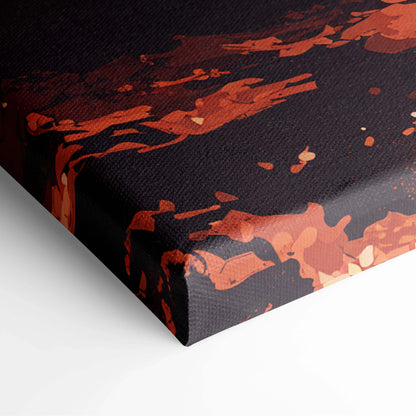 Black canvas print of Solitary Wanderer Beneath Autumn Ember Canopy with orange rust splatters