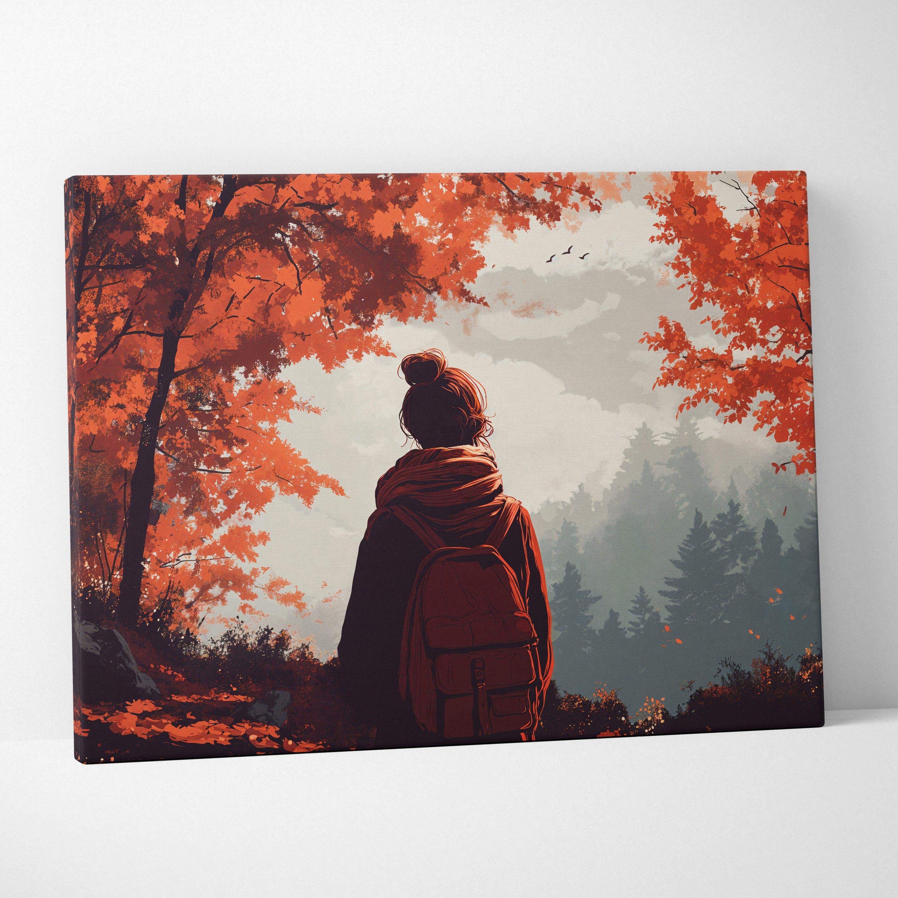 Solitary wanderer back view under autumn ember canopy with misty forests canvas print