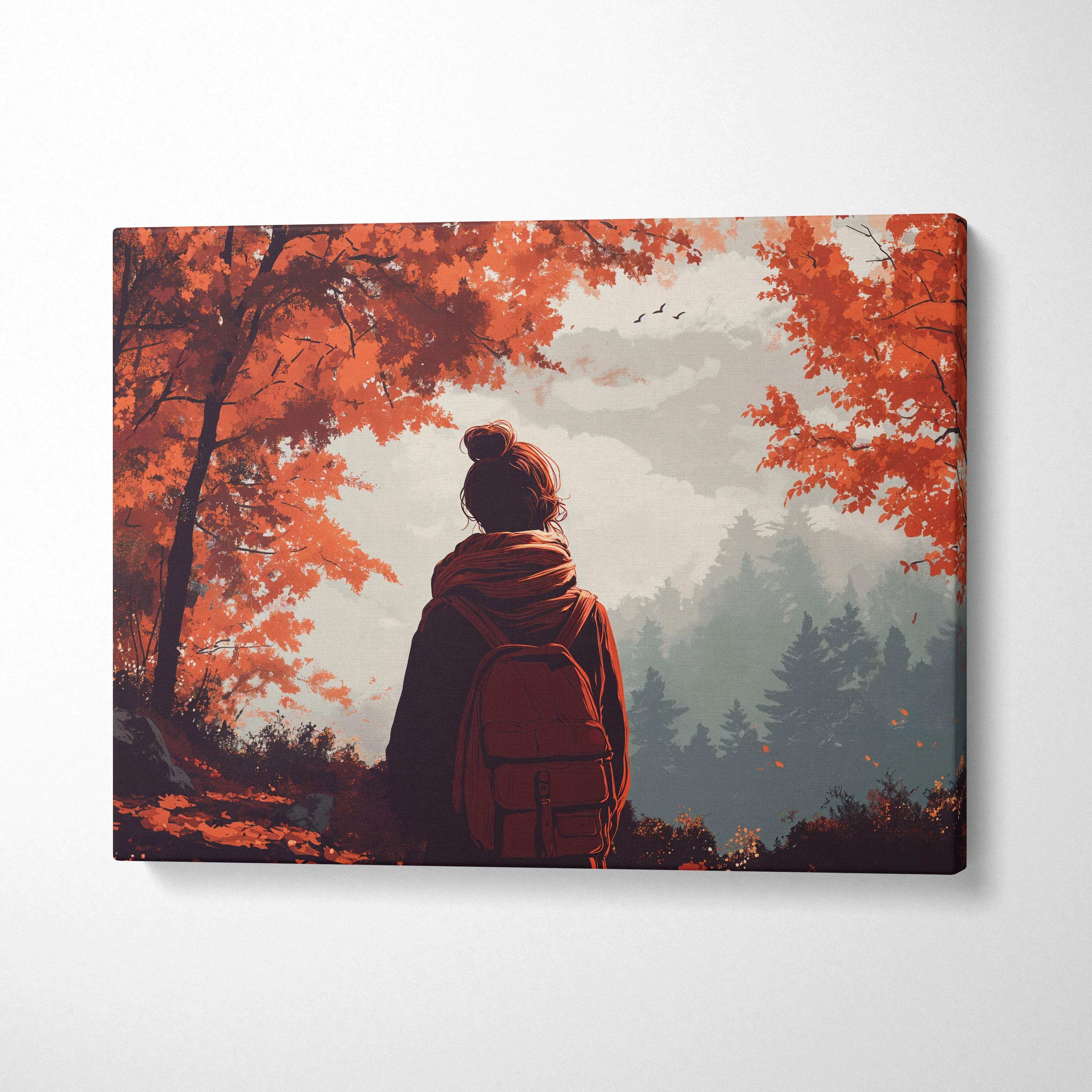 Solitary wanderer under autumn ember canopy canvas with misty forests