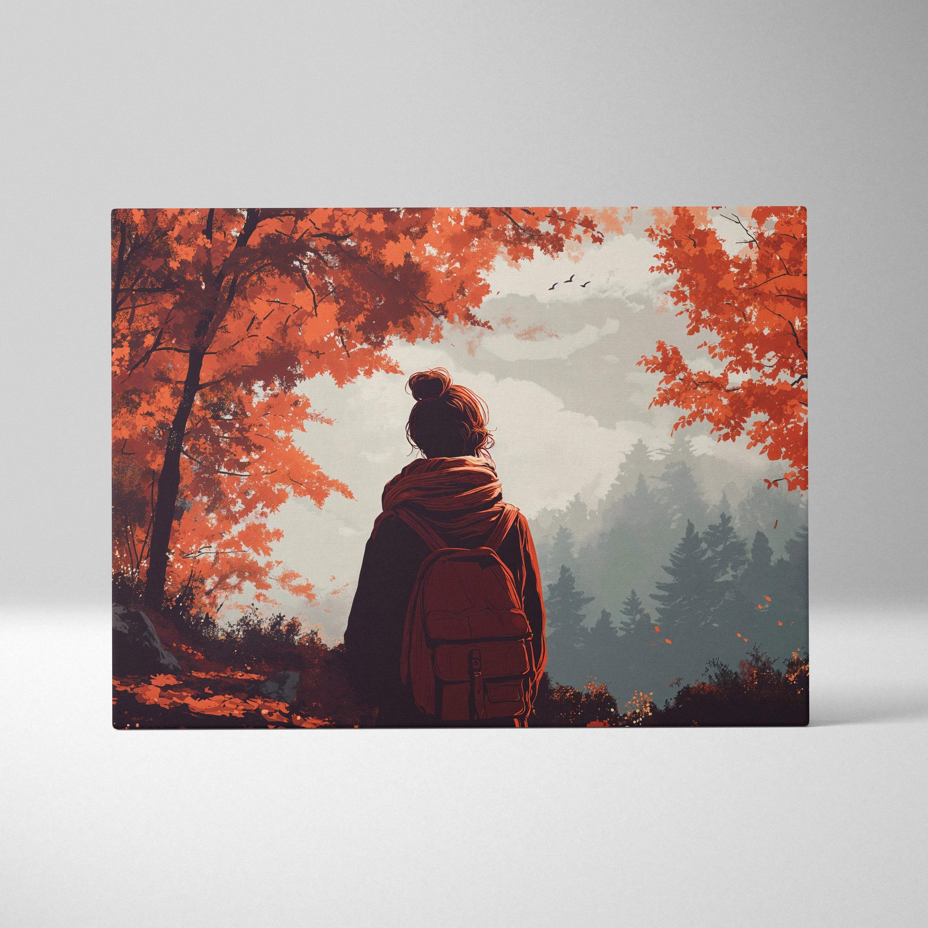 Solitary wanderer with bun and scarf under autumn ember canopy canvas art