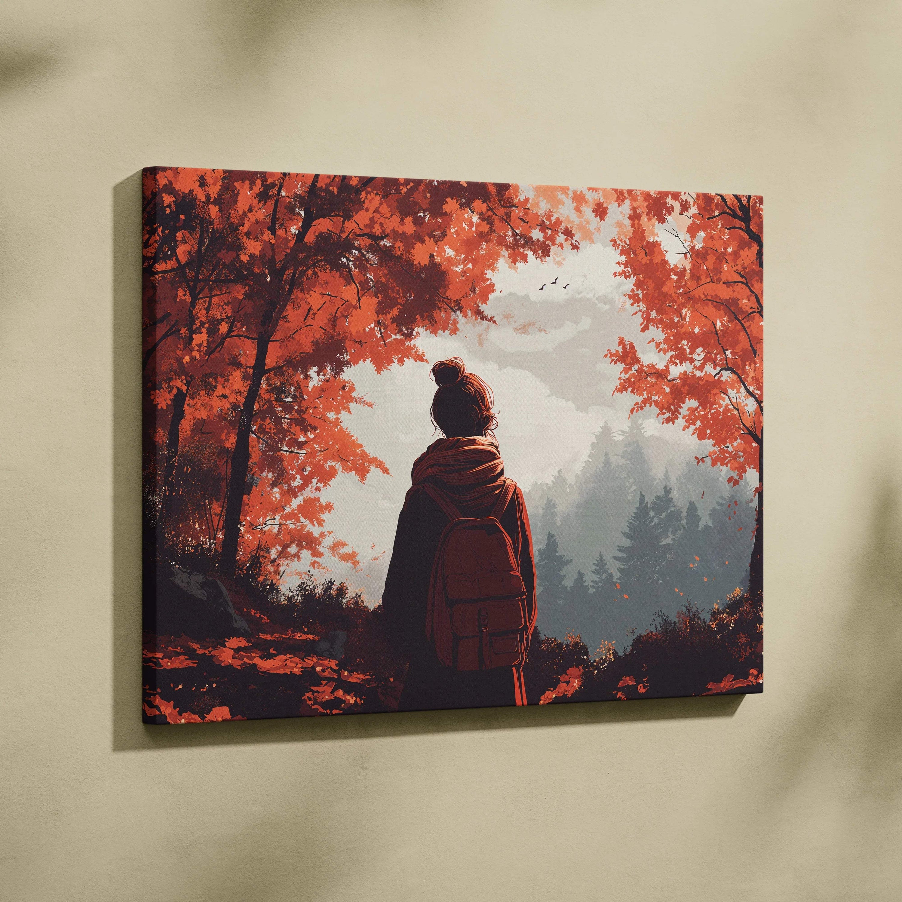 Solitary wanderer silhouette under autumn ember canopy with misty forests canvas art
