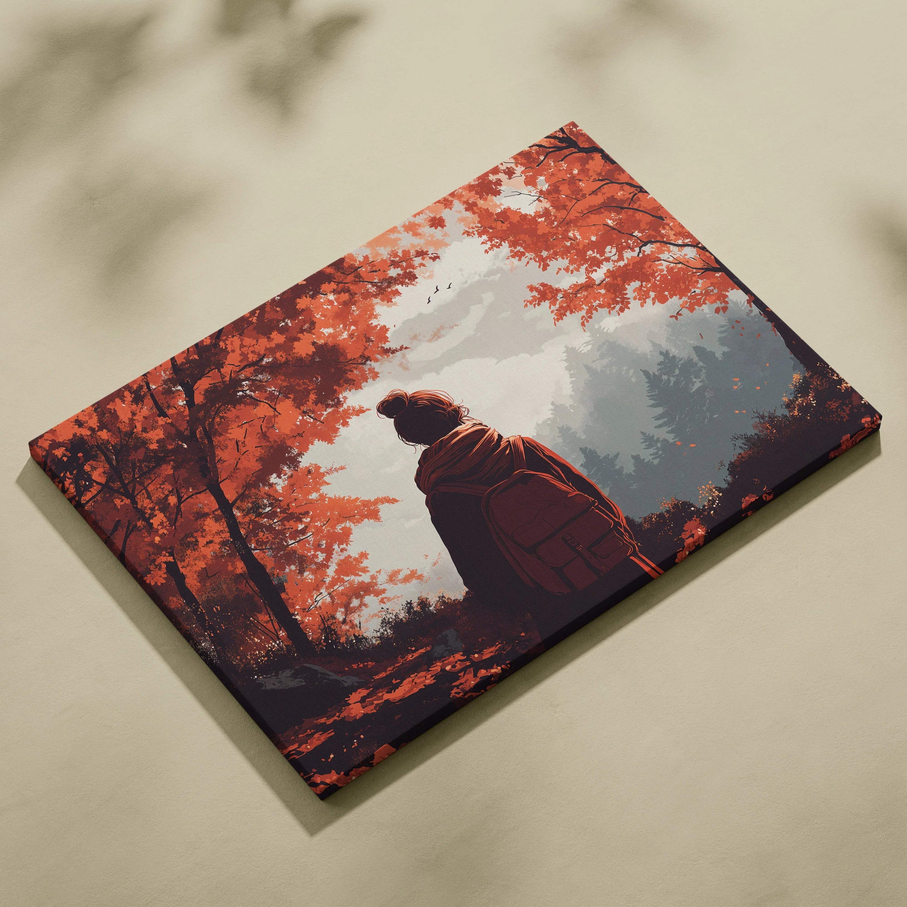 Solitary wanderer silhouette in misty autumn ember forest canvas print