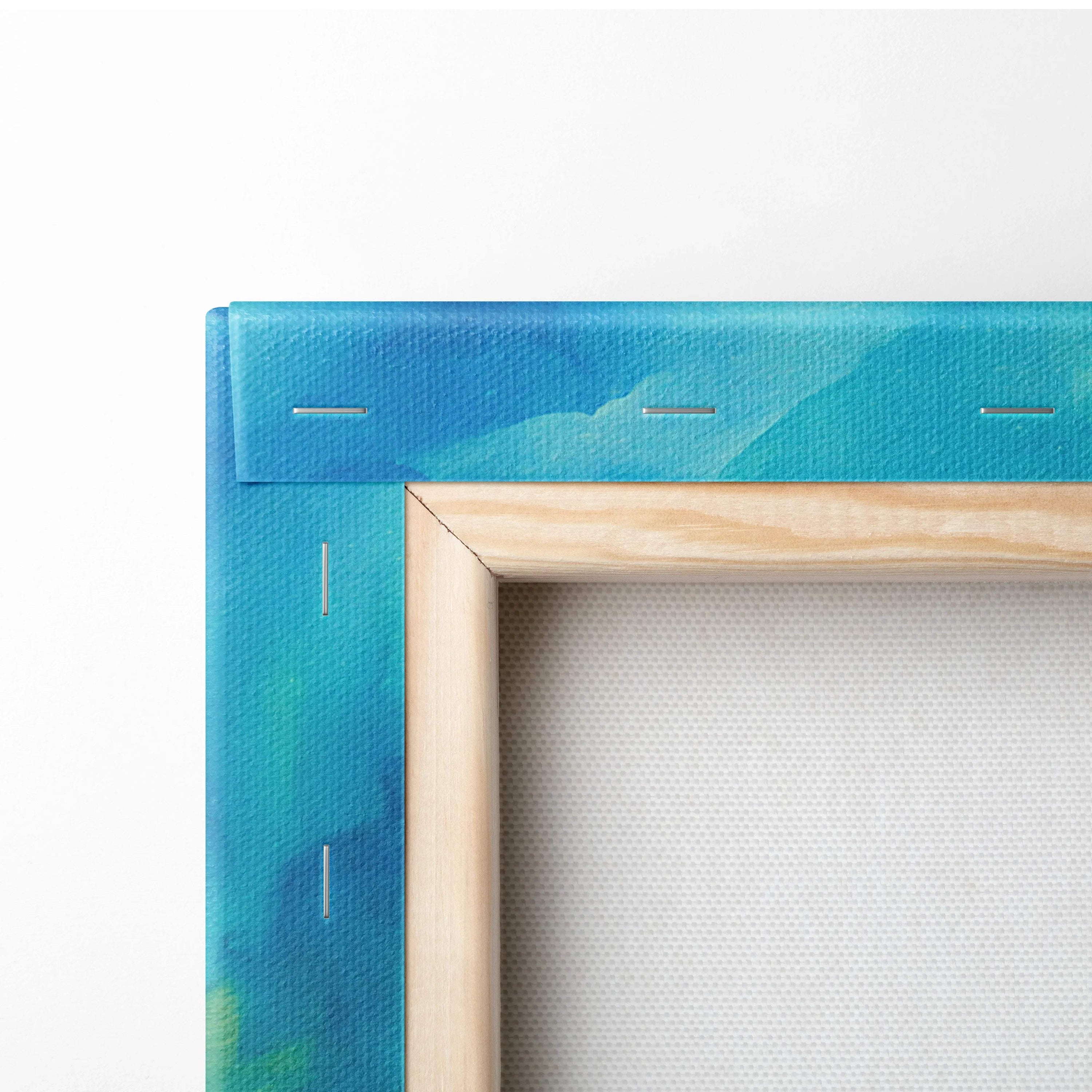 Blue watercolor canvas of underwater ancient city with stitching, wood frame
