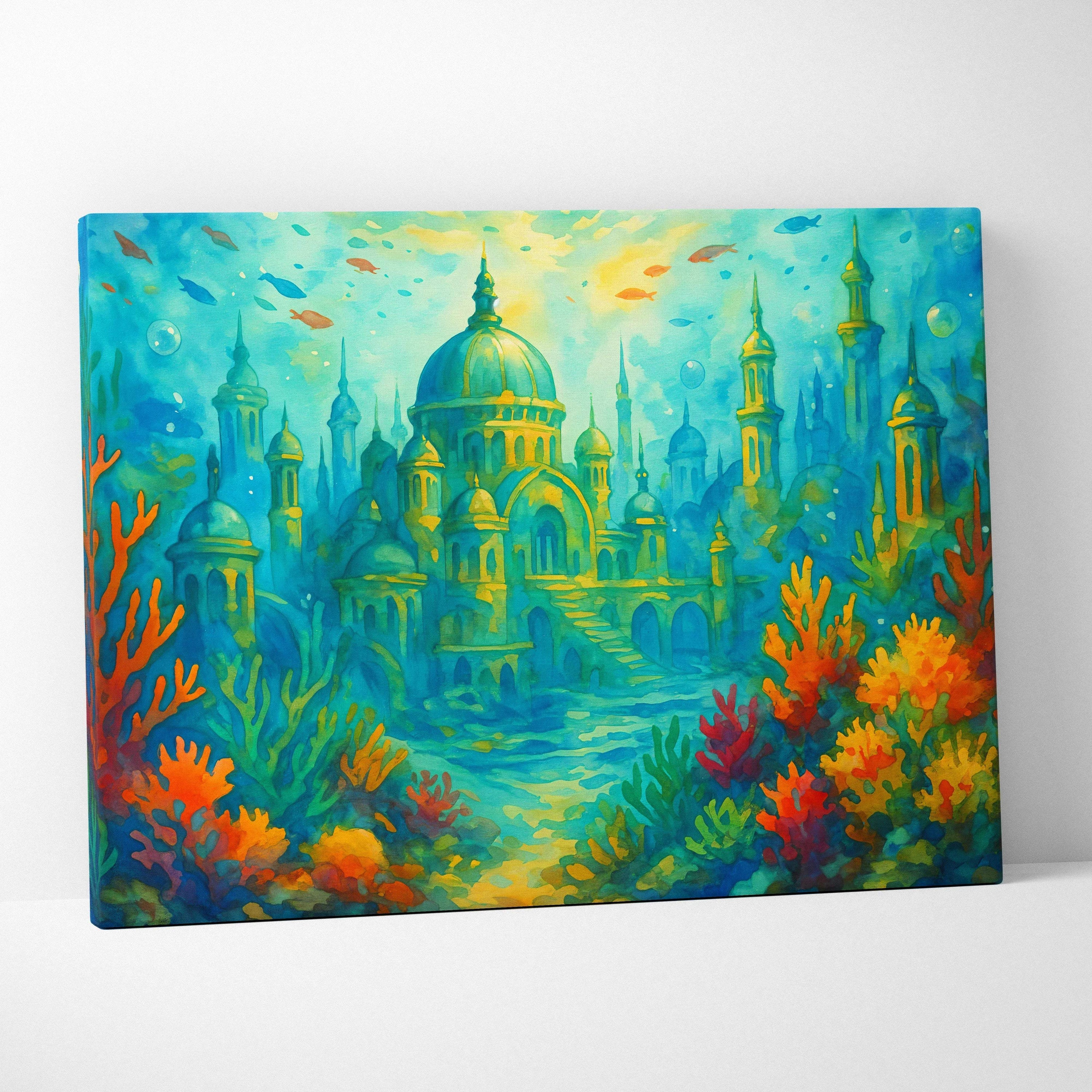 Vibrant underwater ancient city canvas with golden domes and coral gardens
