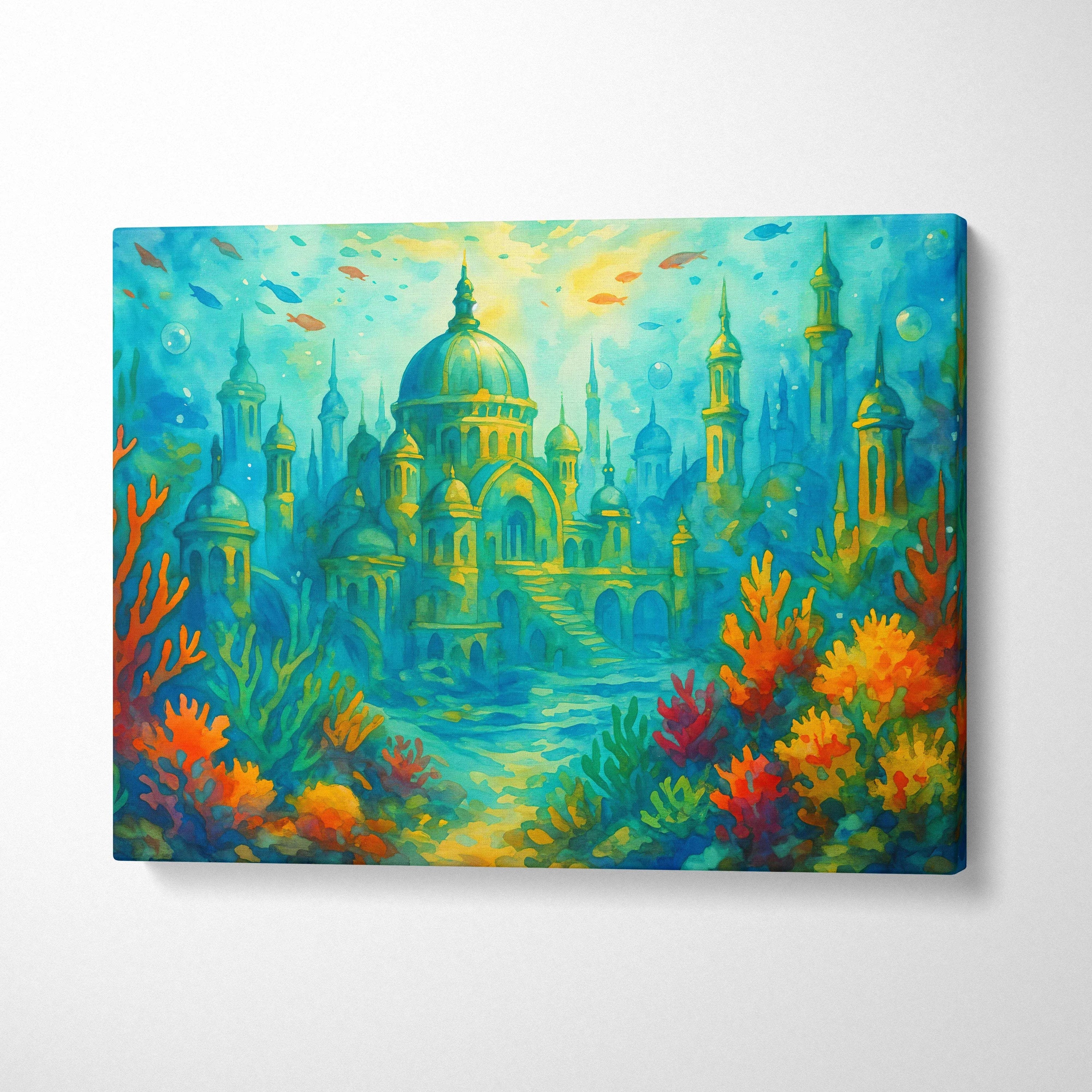 Vibrant underwater ancient city canvas art with golden domes and coral gardens