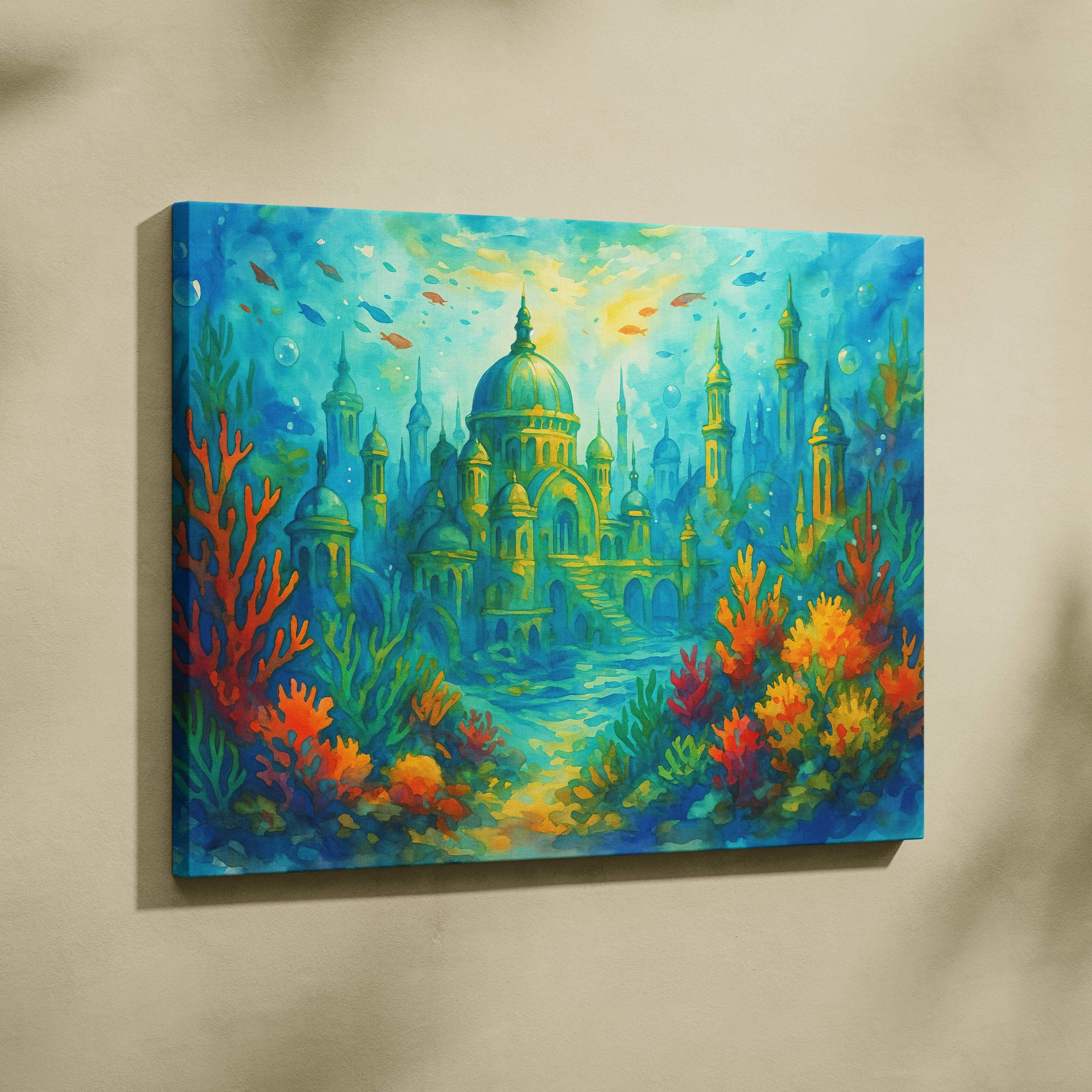 Vibrant underwater ancient city canvas art with golden domes and colorful coral gardens