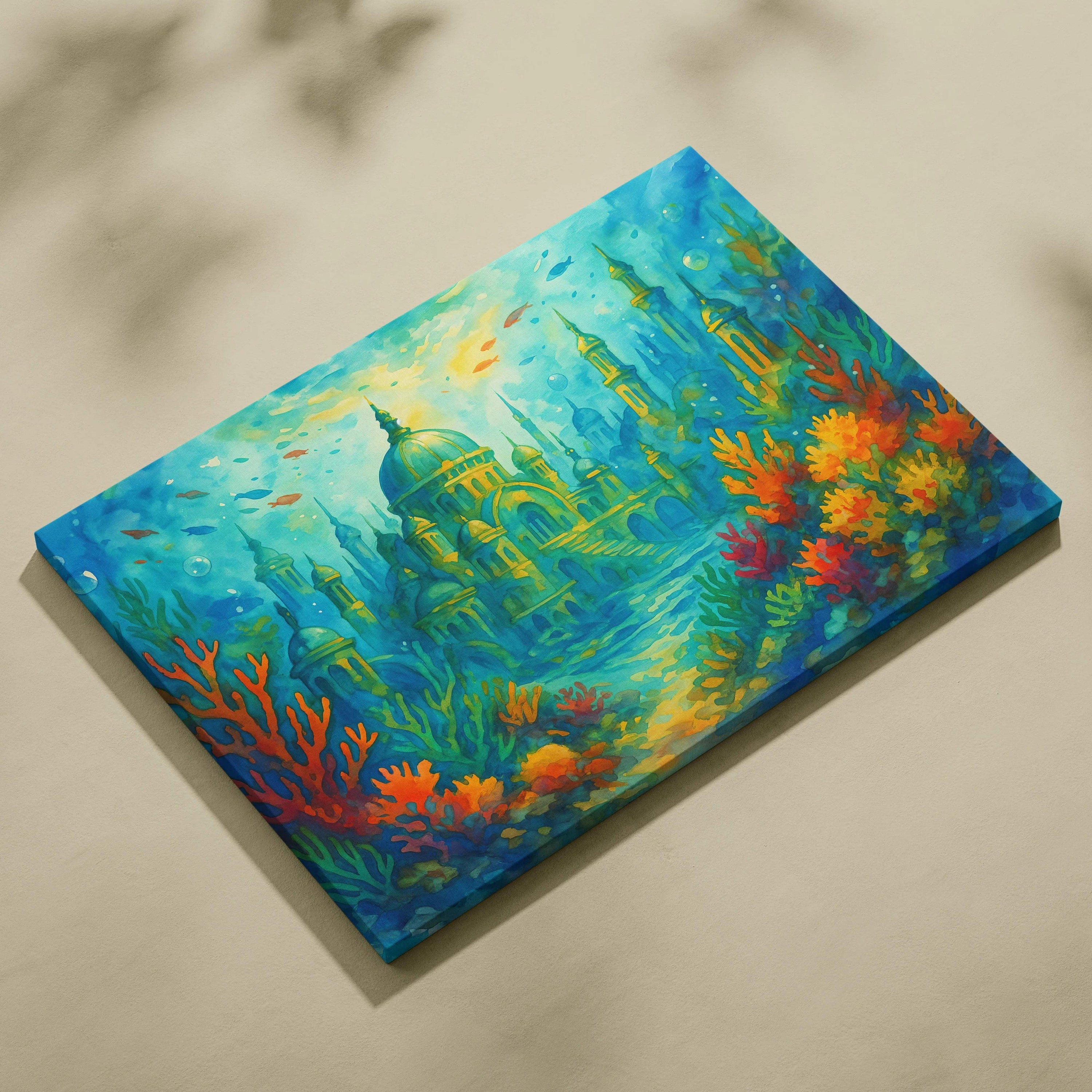 Vibrant underwater ancient city canvas art with golden domes and coral gardens