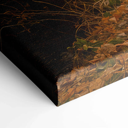 Black canvas print of autumn rustic barn on leafy path in golden fall tones