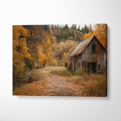 Autumnal rustic barn canvas wall art in warm golden fall tones