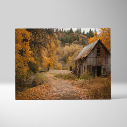 Autumn rustic barn canvas print with golden fall foliage and stream