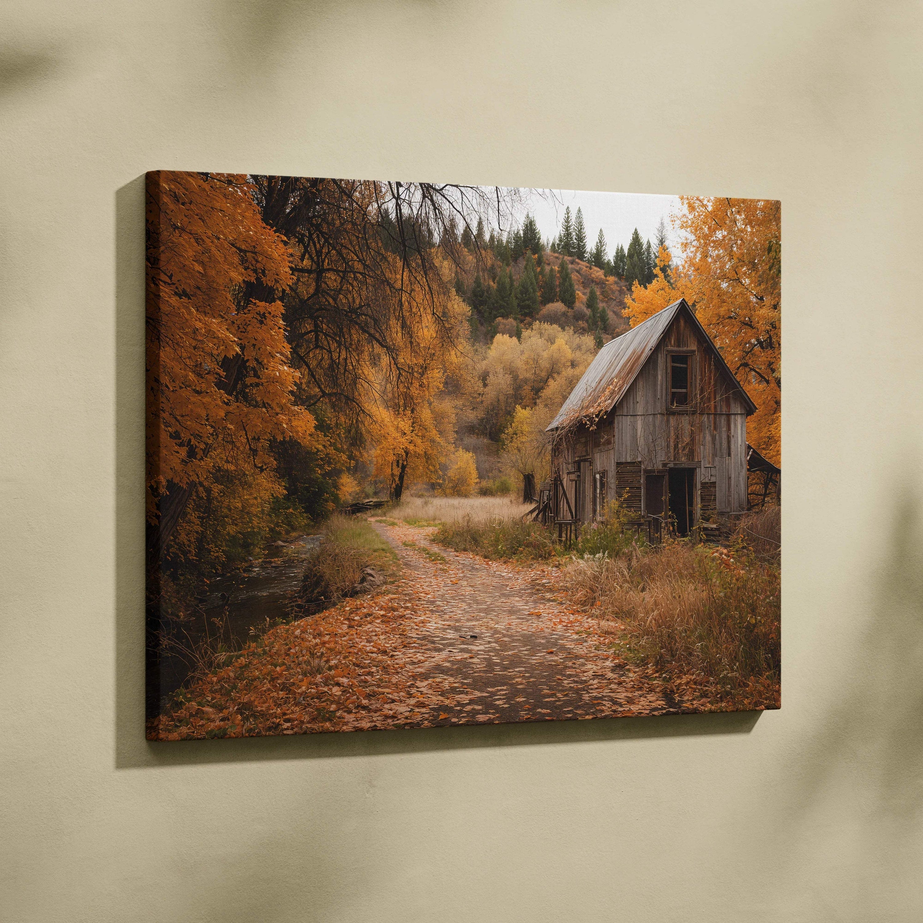 Autumnal rustic barn canvas print with golden fall foliage path