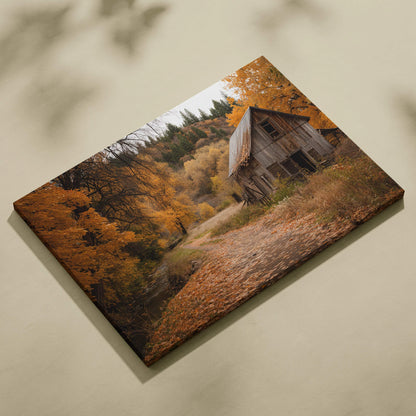 Autumnal rustic barn along leafy path in warm golden fall tones canvas art