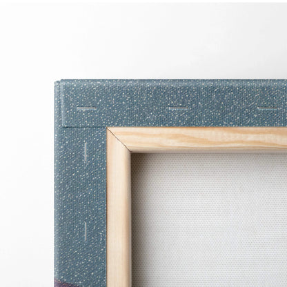 Teal speckled canvas frame with wood border and sunset forest art