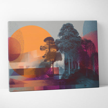Abstract silhouette dissolving into forest geometry canvas in vibrant sunset colors