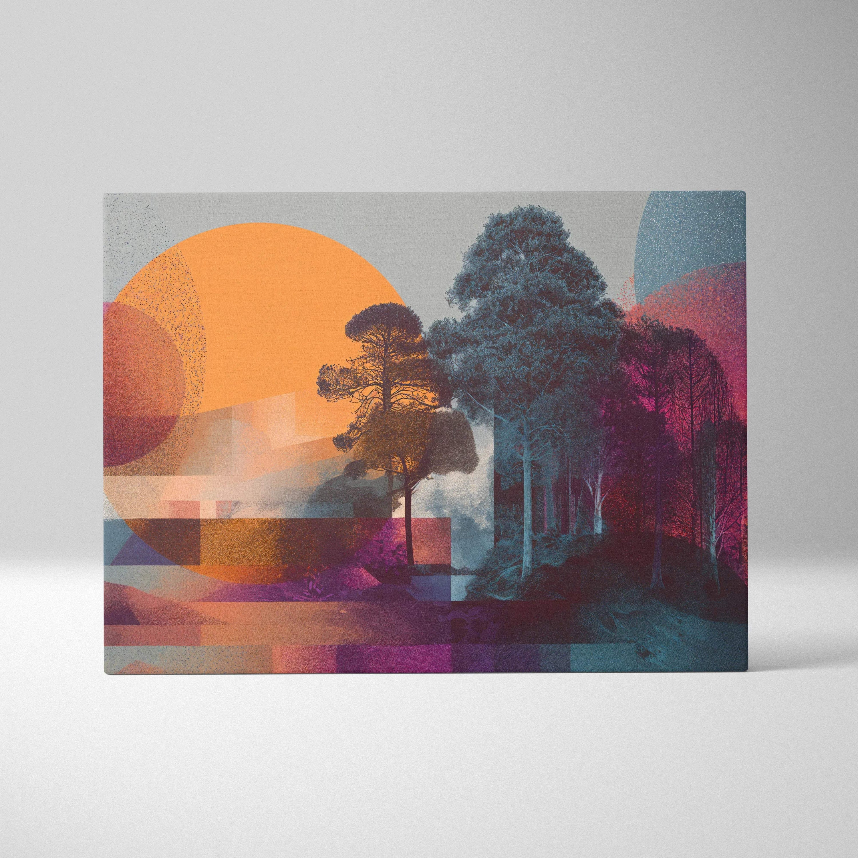Abstract silhouette forest geometry canvas wall art in vibrant sunset colors