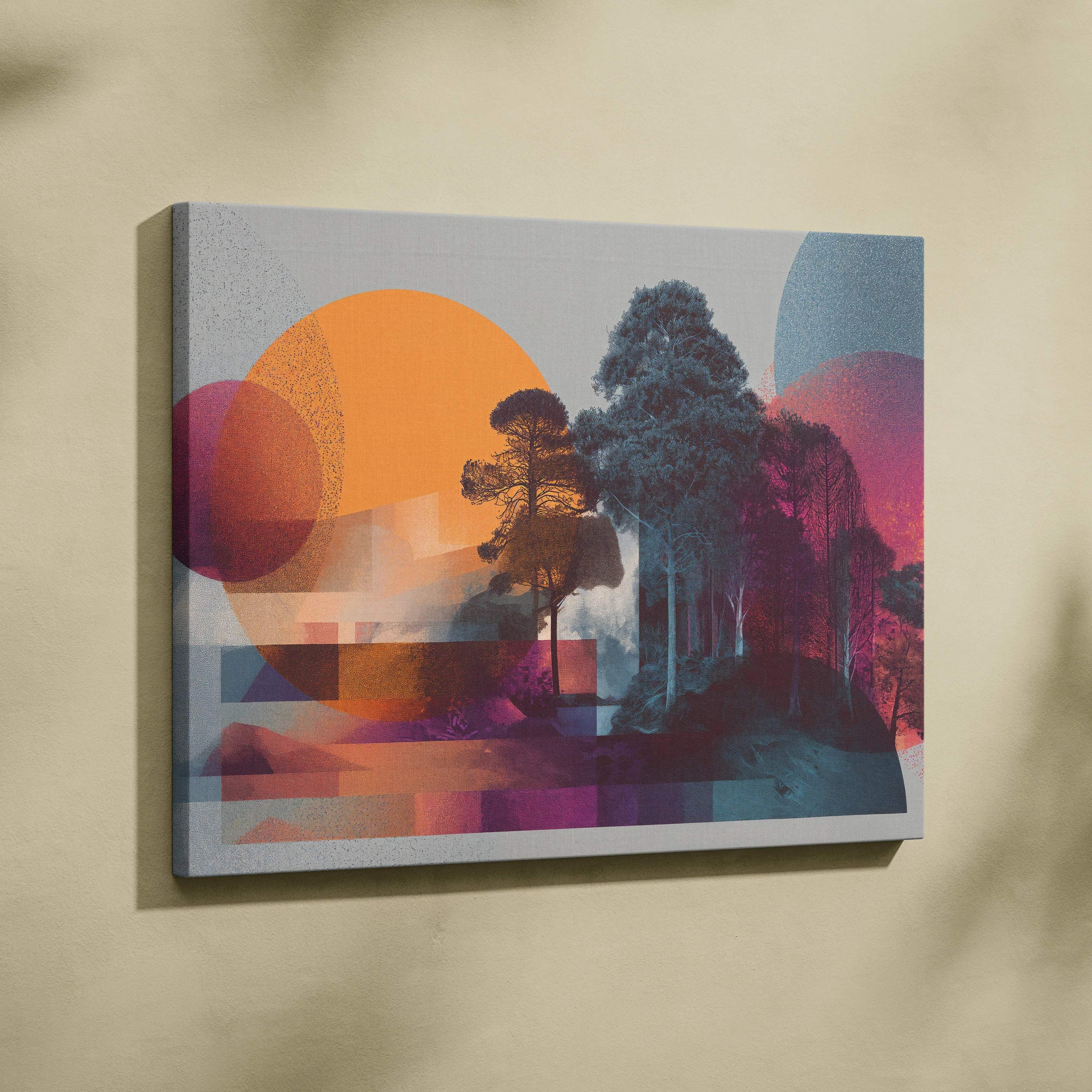 Abstract silhouette dissolving into forest geometry canvas art in sunset colors