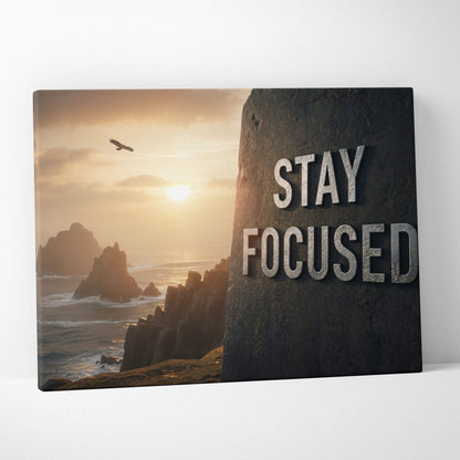 Motivational Stay Focused canvas art with eagle sunset cliff scene