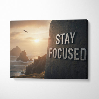 Motivational Stay Focused canvas art with silver stone carving on cliff by sea sunset