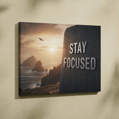 Motivational Stay Focused canvas art with stone carved cliff sea sunset