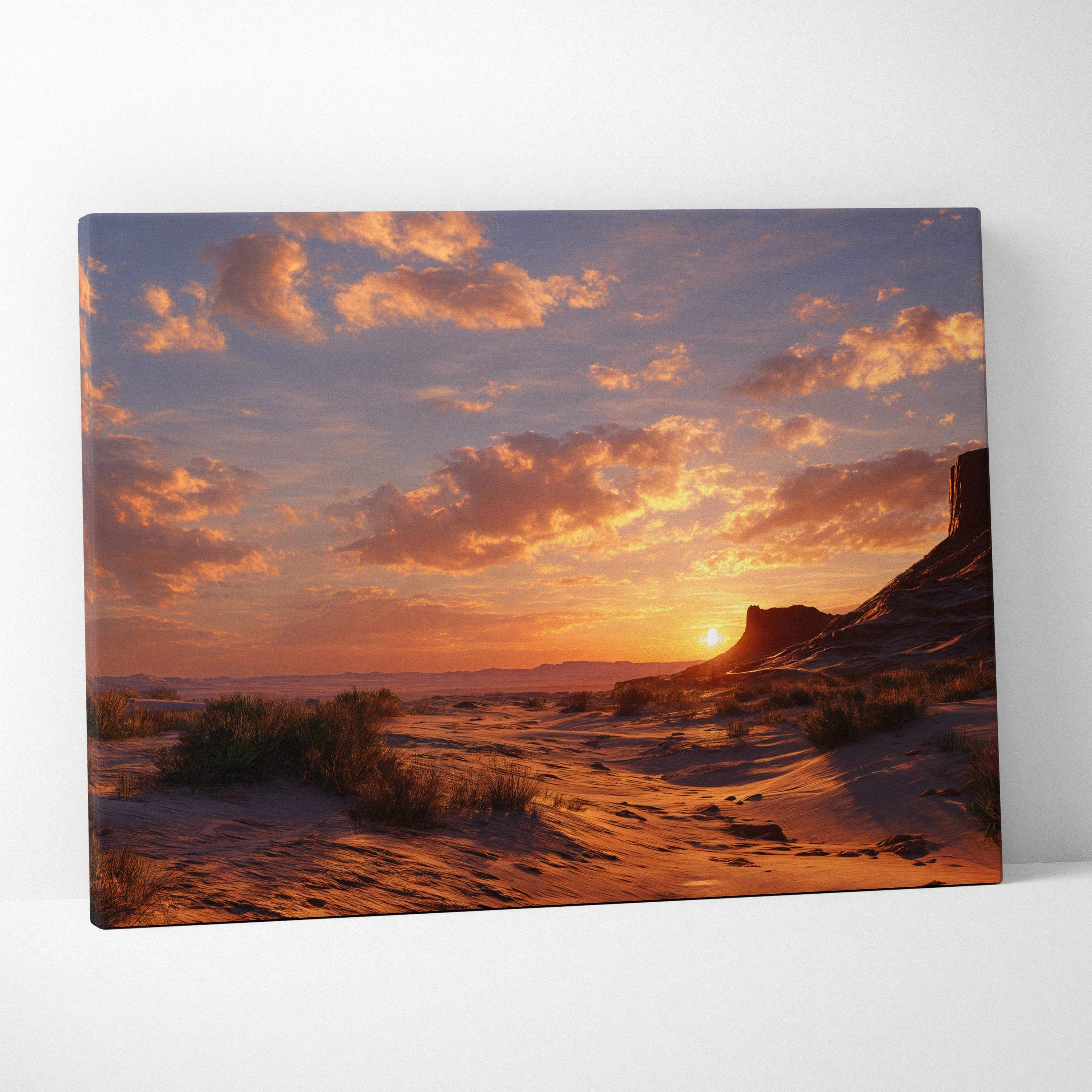 Desert sunset canvas print with ember sky over sand dunes