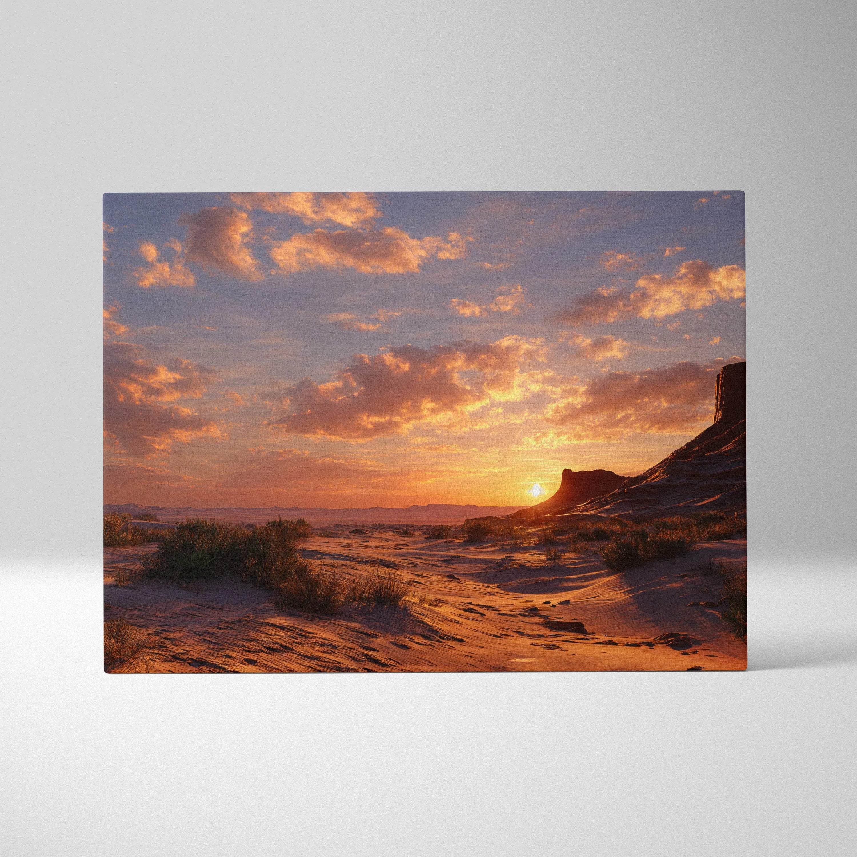 Desert sunset canvas art with ember sky over sand dunes and rocks