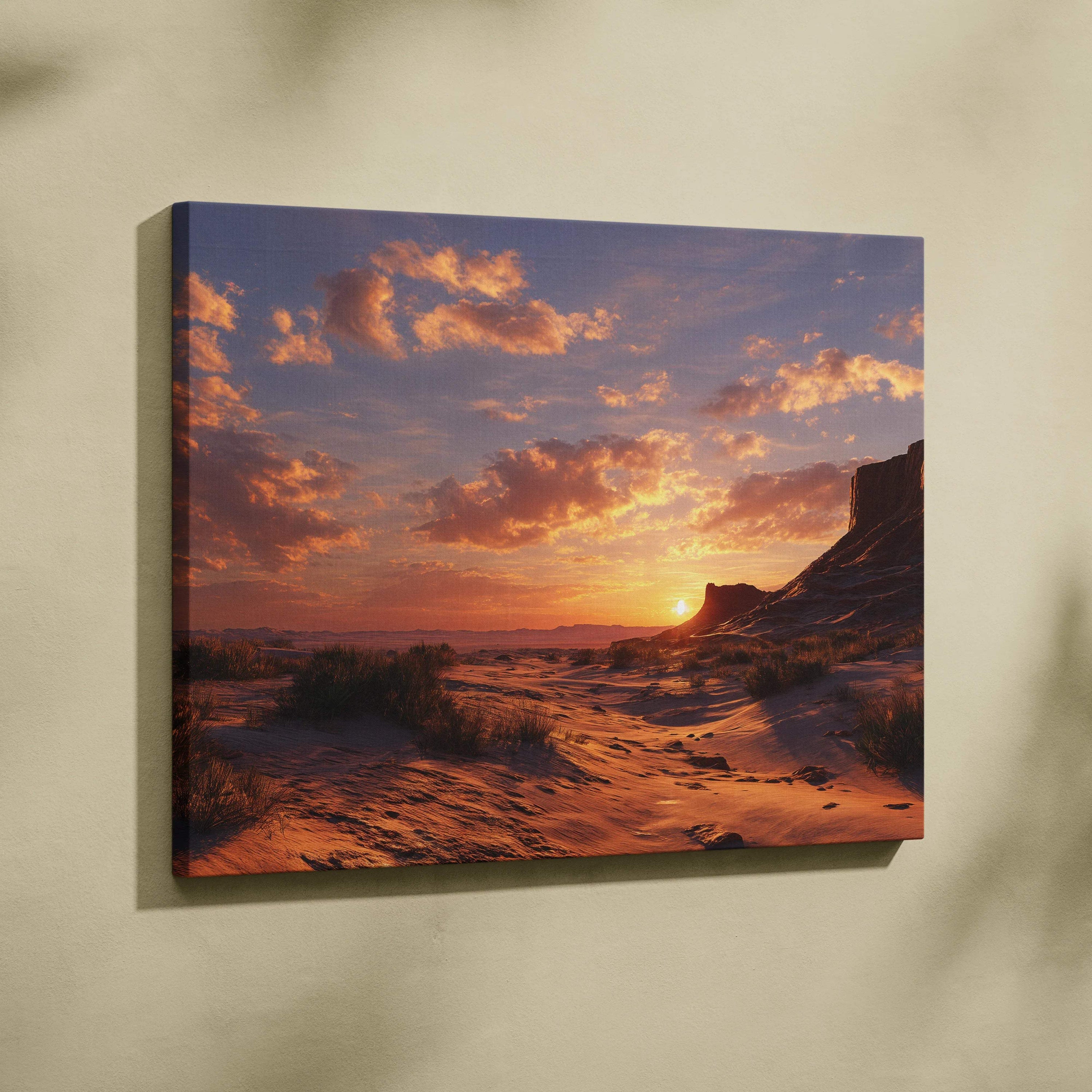 Desert sunset canvas print with ember sky over sand dunes on wall