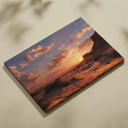 Vibrant sunset canvas print of ember sky over ocean waves and sand dunes